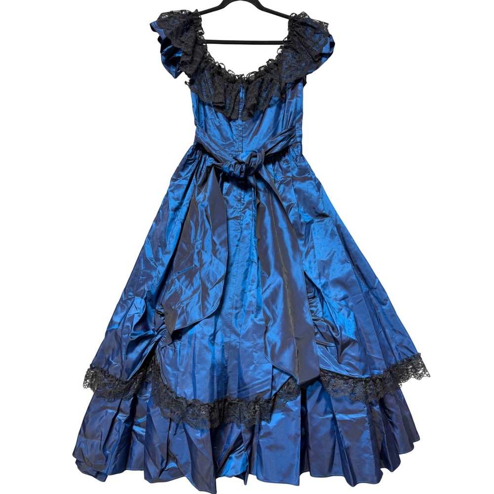 Vintage Roberta California 80s Blue Iridescent Lace Off Shoulder Gown Dress XS-S